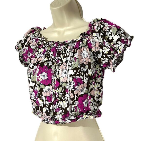 Coco + Jaimeson Women’s Brown Stone Floral Print Elastic Crop Top Blouse Size Me - Picture 2 of 13